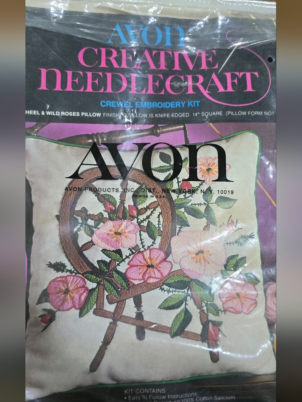 Vintage 70s Avon Creative Needlecraft Crewel Kit - Spinning Wheel & Wild Roses